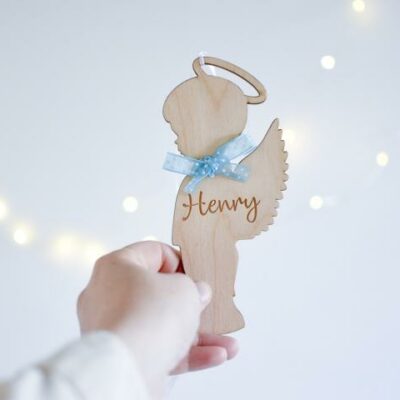 Personalised Wooden BOY Angel Child Hanging Decoration