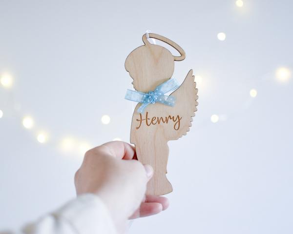 Personalised Wooden BOY Angel Child Hanging Decoration