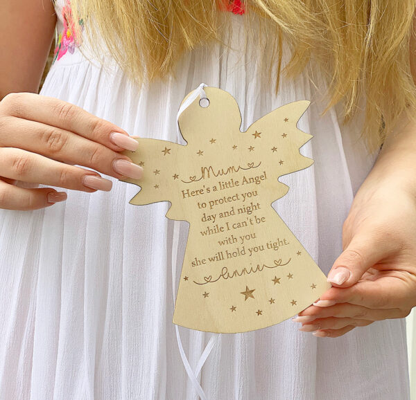 Personalised Love & Protection Hanging Wooden Angel