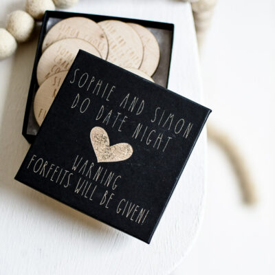 'Let's Do Date Night' Personalised Box & Laser Engraved Wooden Cheeky Date Night Tokens
