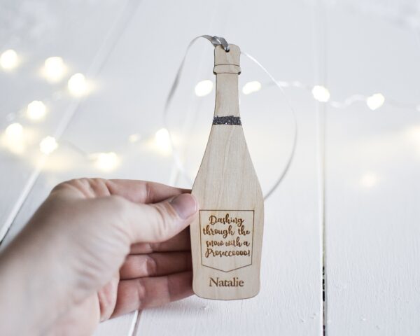 Personalised Dashing Through The Snow Prosecco Hanging Decoration