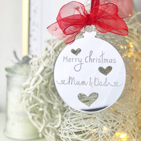 Merry Christmas Personalised Mirrored Hanging Bauble Decoration