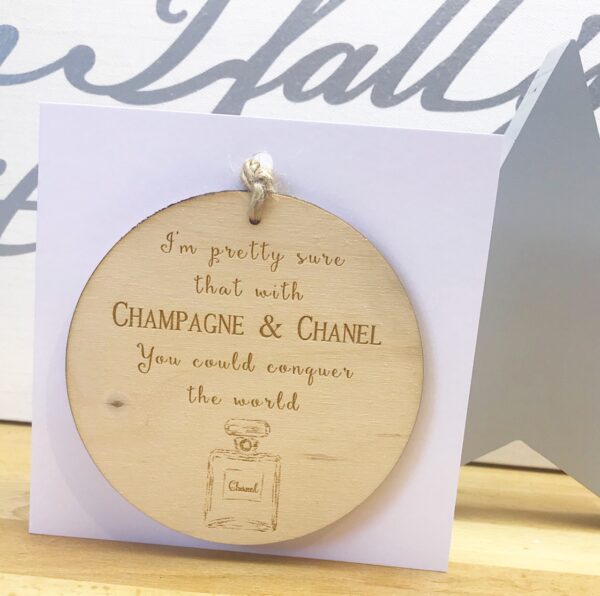 Champagne & Channel Wooden Decoration Greetings Card
