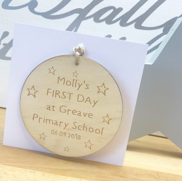 Personalised First Day At School Wooden Decoration Greetings Card