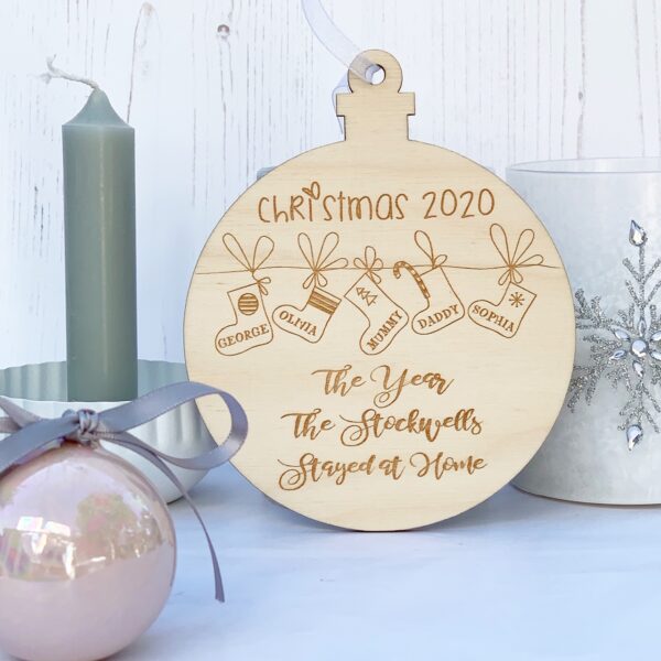 Lockdown Christmas Personalised Stocking PLY Hanging Bauble