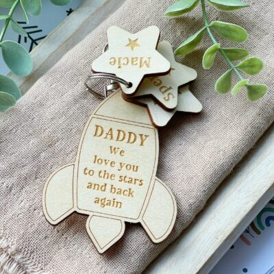 Love You To The Stars & Back Rocket Personalised Wooden Keyring