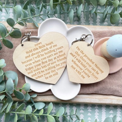 FIRST DAY at SCHOOL Bag Tag & Parent Keyring - 1st Day at School Wooden Hug Token