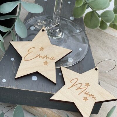 Personalised Wine Glass or Cocktail Glass Wood Star Charms