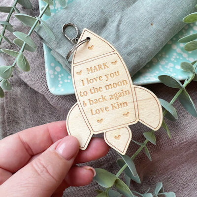 Love You To The MOON Rocket Personalised Wooden Keyring