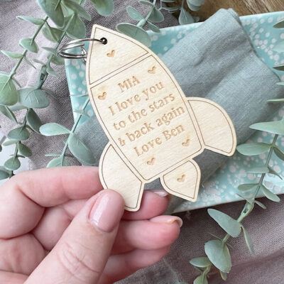 Rocket Love You To The STARS Personalised Wooden Keyring