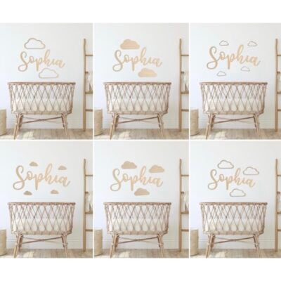 Wooden Name Sign & Clouds - SWIRLY FONT