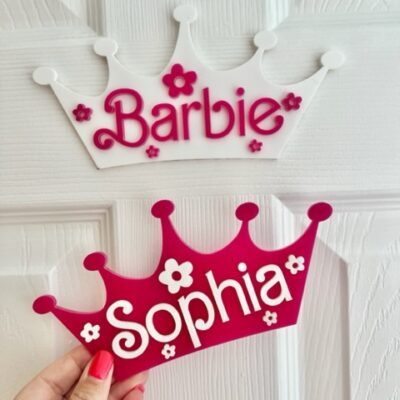 BARBIE Style Personalised 3D Tiara Pink & White Name Door Sign