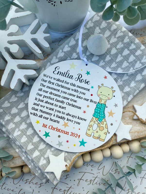 Baby Giraffe Our First Christmas With You Hanging Wooden Bauble Decoration (PR) - Image 2