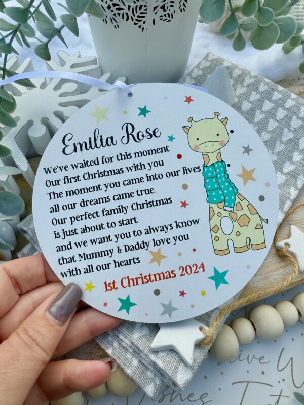 Baby Giraffe Our First Christmas With You Hanging Wooden Bauble Decoration (PR)