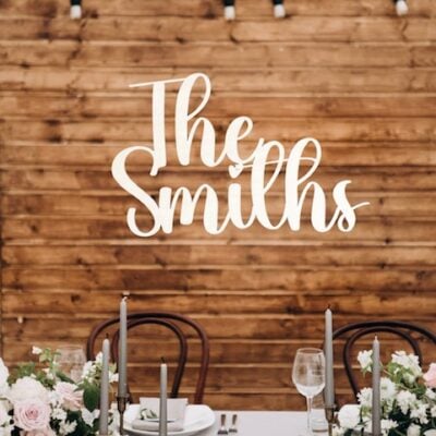 WEDDING BACKDROP Wooden Surname Sign ROSEY Font Various Colour & Size Options)