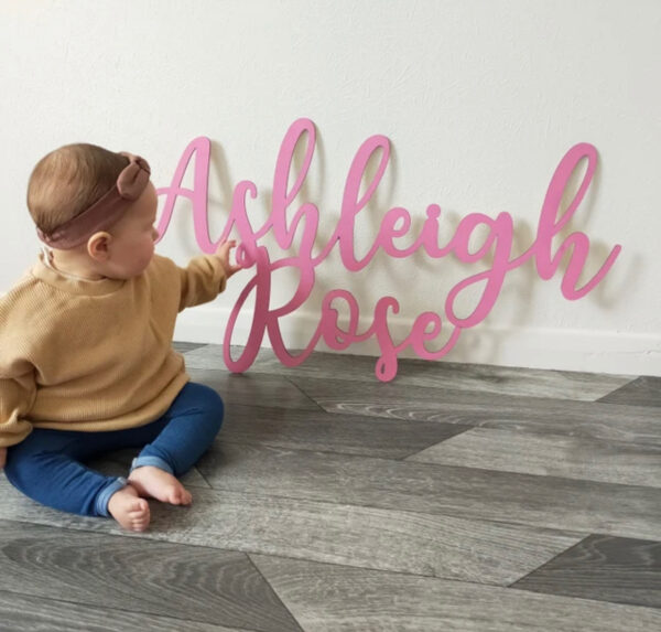 Wooden Double Name Sign in SWIRLY Font - Image 3