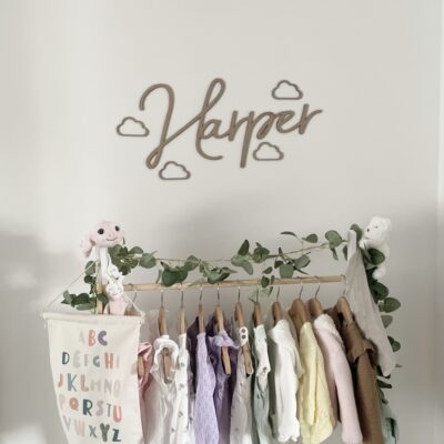 Wooden Name Sign & Clouds - SCRIBBLE FONT