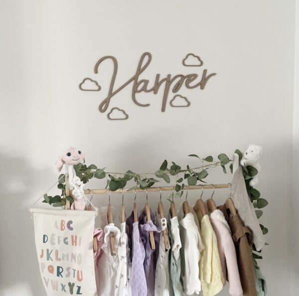 Wooden Name Sign & Clouds - SCRIBBLE FONT