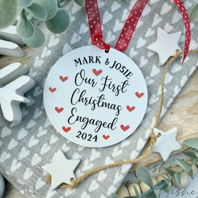2025 EDITION Personalised White Hanging Our First Christmas ENGAGED Wooden Bauble (PR)