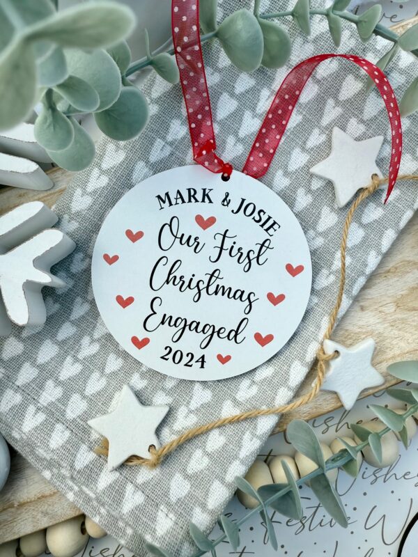 Personalised White Hanging Our First Christmas ENGAGED Wooden Bauble (PR)
