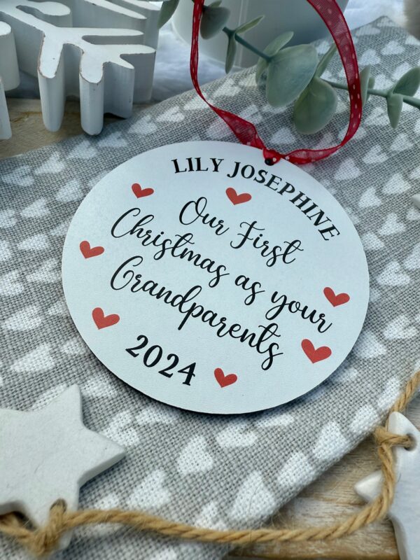 Personalised White Hanging Our First Christmas As Your Grandparents Wooden Bauble (PR) - Image 2