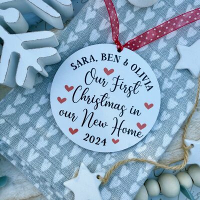 Personalised White Hanging 2025 Our First Christmas in our NEW HOME Wooden Bauble (PR)