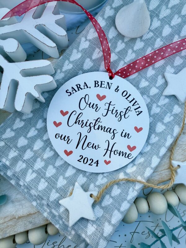 Personalised White Hanging Our First Christmas in our NEW HOME Wooden Bauble (PR)