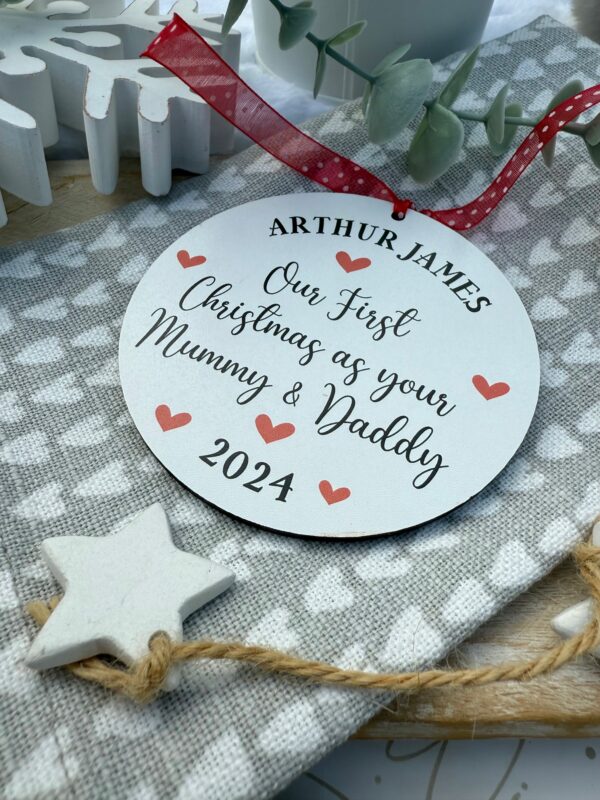 Personalised White Hanging Our First Christmas 2025 As Your MUMMY and DADDY Bauble (PR) - Image 2