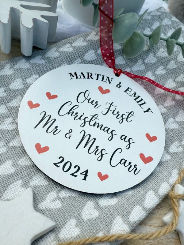 Personalised White Hanging Our First Christmas as MR & MRS Wooden Bauble (PR) - Image 3