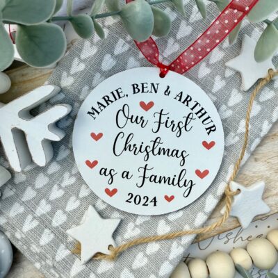 2025 EDITION Personalised White Hanging Our First Christmas as a FAMILY Wooden Bauble (PR)