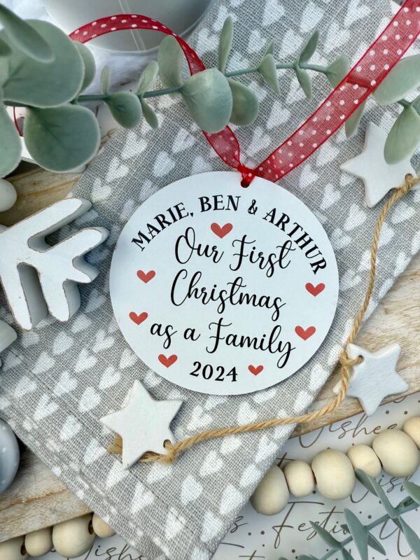 Personalised White Hanging Our First Christmas as a FAMILY Wooden Bauble (PR)