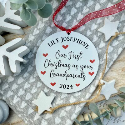 Personalised White Hanging Our First Christmas 2025 As Your Grandparents Wooden Bauble (PR)
