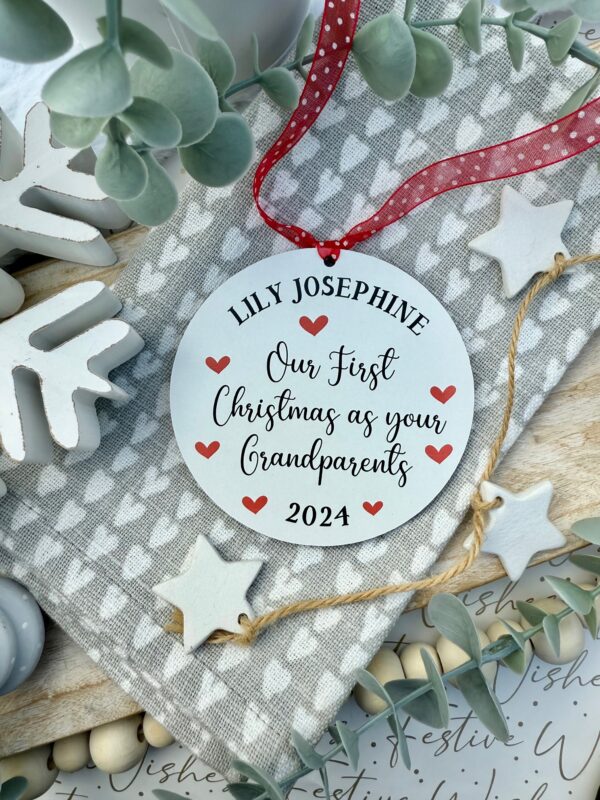 Personalised White Hanging Our First Christmas As Your Grandparents Wooden Bauble (PR)