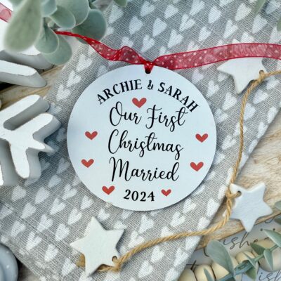 2025 EDITION Personalised White Hanging Our First Christmas MARRIED Wooden Bauble (PR)