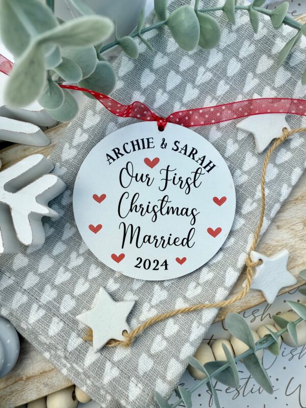 Personalised White Hanging Our First Christmas MARRIED Wooden Bauble (PR)