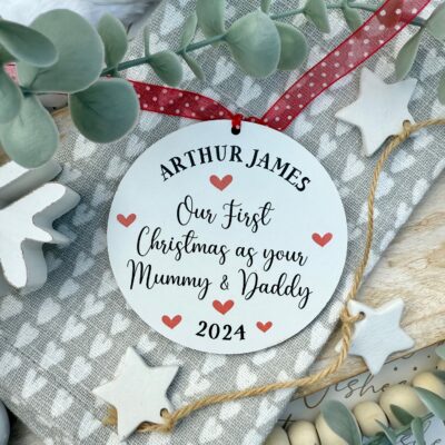 Personalised White Hanging Our First Christmas 2025 As Your MUMMY and DADDY Bauble (PR)