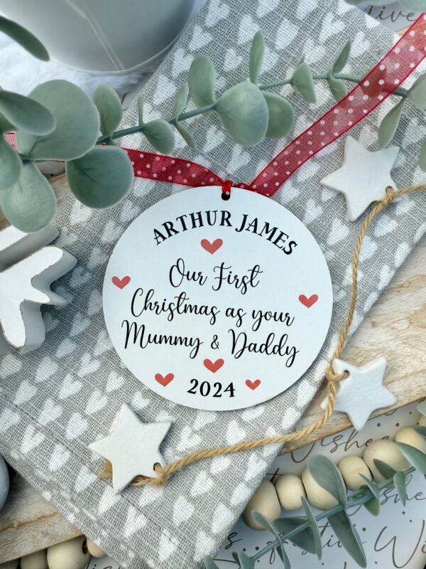 Personalised White Hanging Our First Christmas 2025 As Your MUMMY and DADDY Bauble (PR)