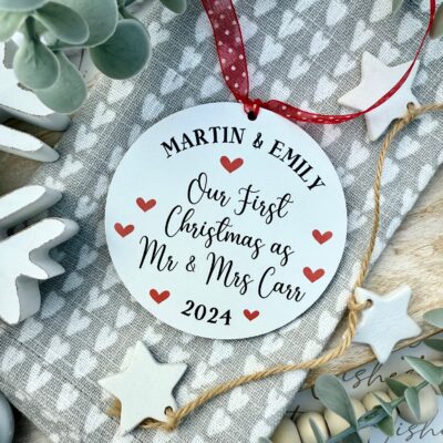 Personalised White Hanging Our First Christmas as MR & MRS Wooden Bauble (PR)