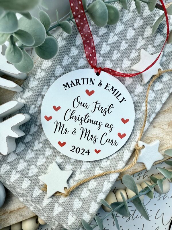 Personalised White Hanging Our First Christmas as MR & MRS Wooden Bauble (PR)