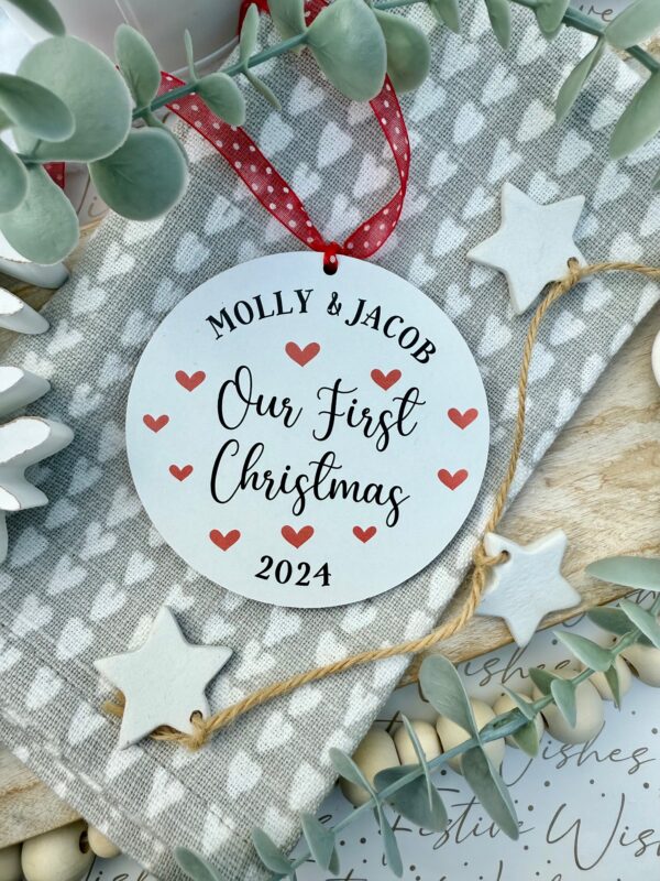 Personalised White Hanging Our First Christmas Wooden Bauble (PR)