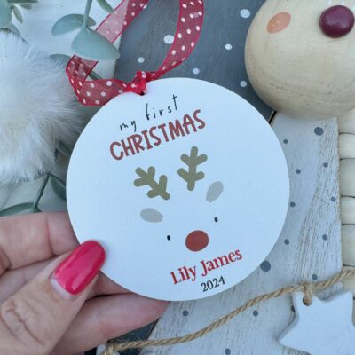 Cute Reindeer My First Christmas 2025 Personalised Decoration (PR)
