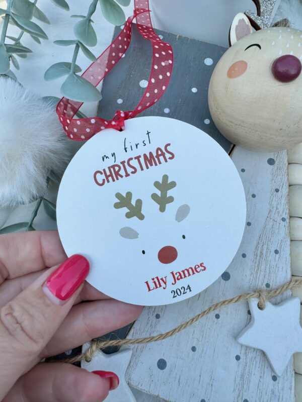 Cute Reindeer My First Christmas 2024 Personalised Decoration (PR)
